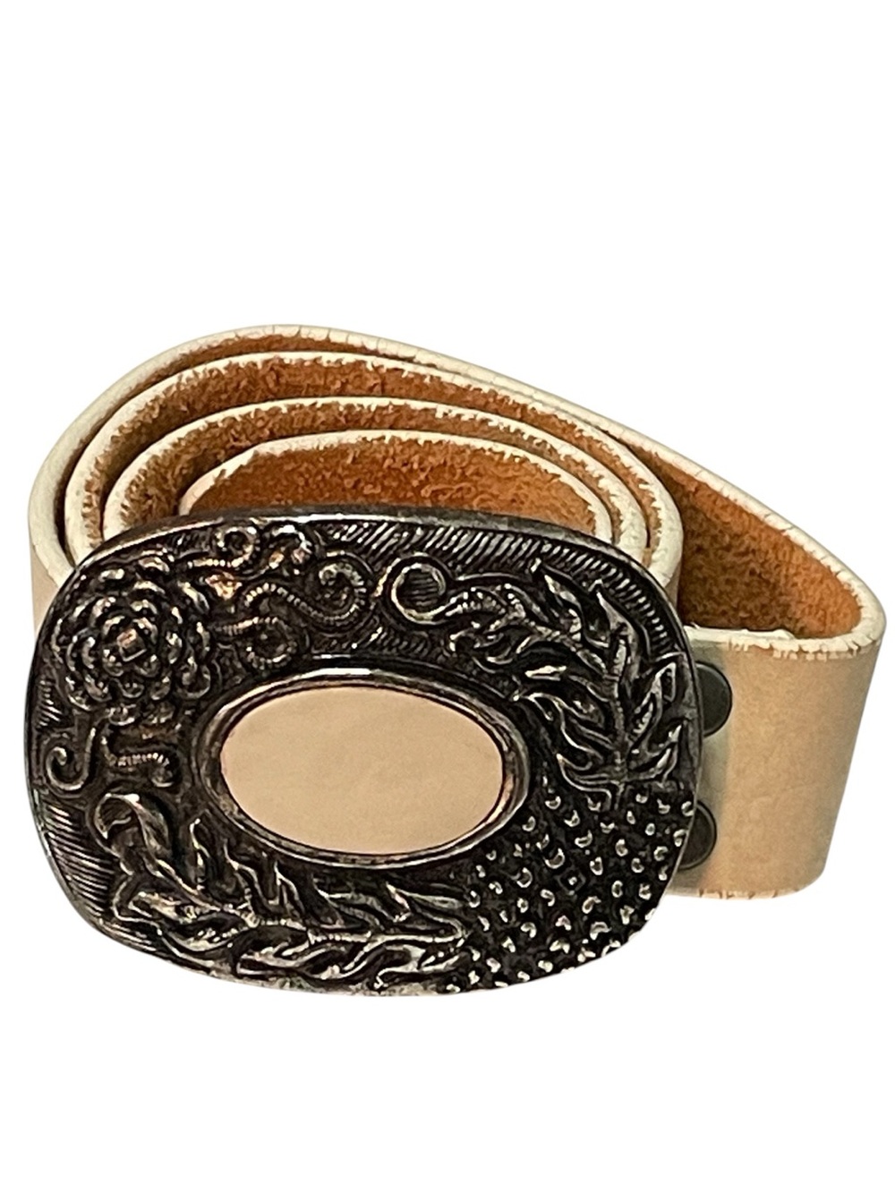 Vintage BRAVE BELT WORKS Leather Cream Statement Silver Italy Buckle Size 32